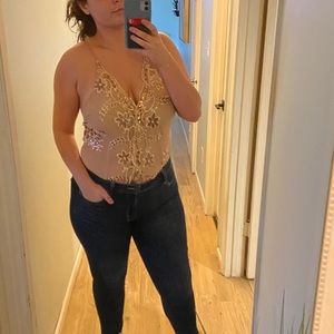 Rose Gold Mesh Bodysuit with Sequins